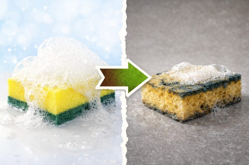 新しい泡立ちのいいスポンジと古くなった泡立ちの悪いスポンジ