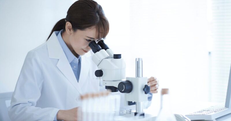 顕微鏡で検査する人