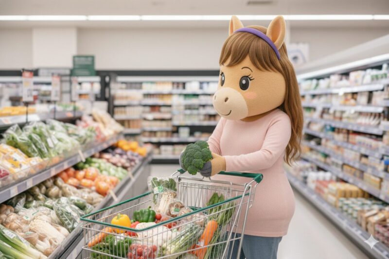 ダイエット食材をスーパーで皆おものするウマ子