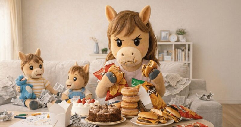 育児と家事と仕事でイライラしてストレス食いしているメス馬のキャラクター