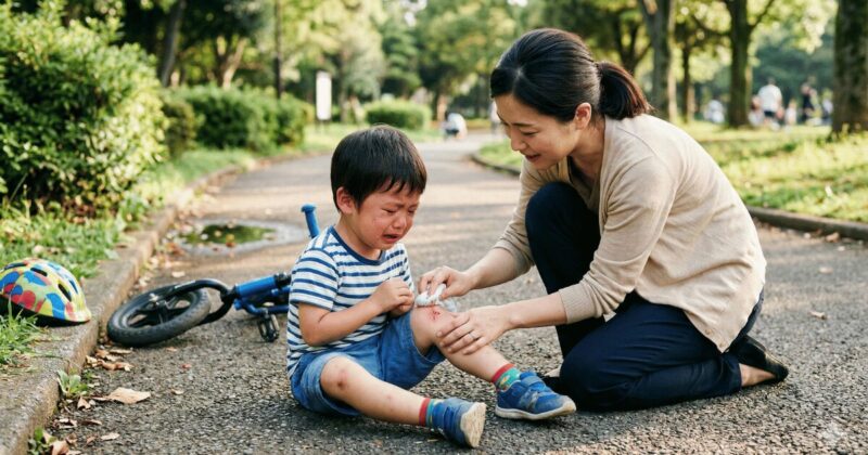 転んで怪我をした4歳の男の子に、ママが優しく手当をしている様子